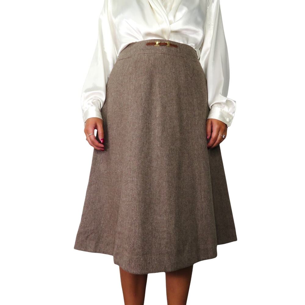 Vintage Union Made Tan A-Line Wool High Rise A-Line Formal Midi Skirt 27"